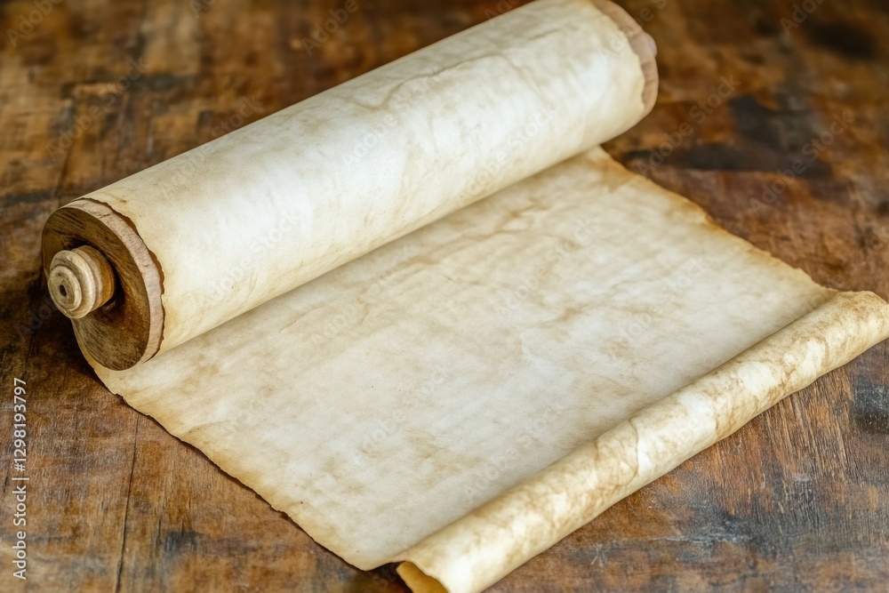 Old Paper Scroll on a Wooden Surface for Historical Context Old Paper Scroll on a Wooden Surface for Historical Context