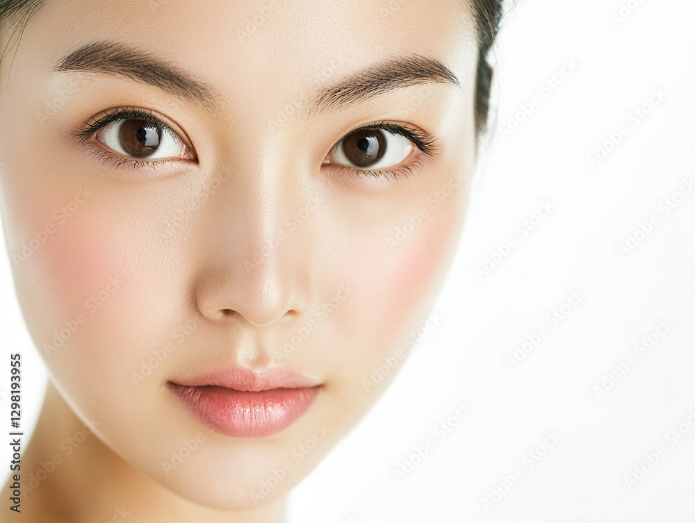 Fototapeta premium Elegant Asian woman with delicate skin and natural makeup, gazing at the camera, close-up portrait emphasizing skin tone and facial features, perfect for skincare advertising.
