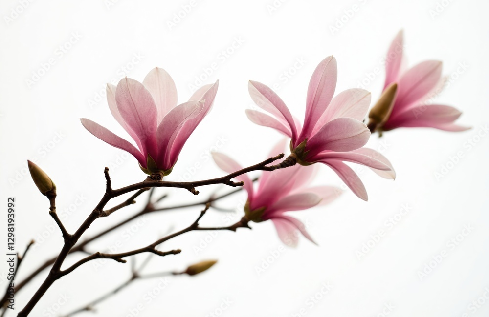 Fototapeta premium Close-up pink magnolia flowers isolated against white backdrop. Spring blossom branch. Blooming plant. Fragile petals. Natural beauty. Floral design element. Tree twig, buds, romance, Valentine