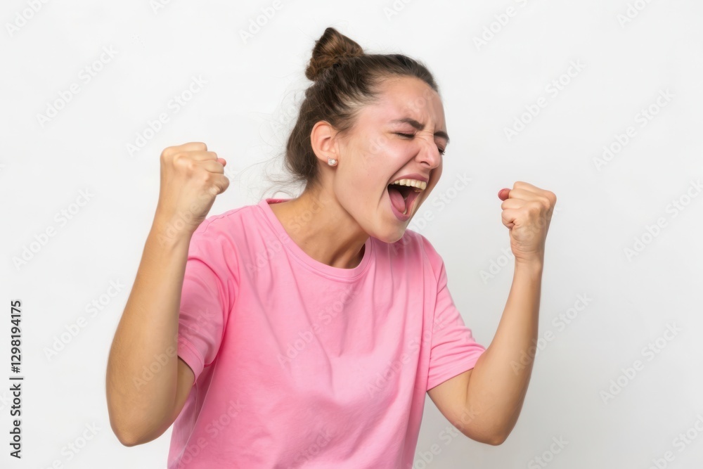 Excitement Captured: A Young Woman Expressing Joy and Victory with Fists Raised in Triumph Excitement Captured: A Young Woman Expressing Joy and Victory with Fists Raised in Triumph