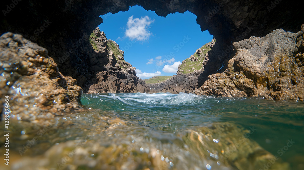 Fototapeta premium Coastal cave ocean view, sunlight, waves, rocks