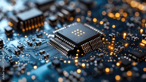 Close-up circuit board with microchip, technology background