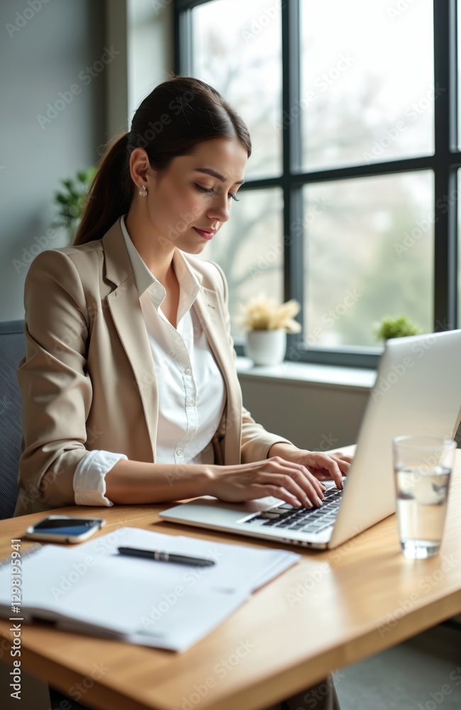 Business woman in beige suit works on laptop at desk near window. Female types on keyboard near notebook, pen, phone and glass of water. Modern office space. Young manager at work. Business woman in beige suit works on laptop at desk near window. Female types on keyboard near notebook, pen, phone and glass of water. Modern office space. Young manager at work.