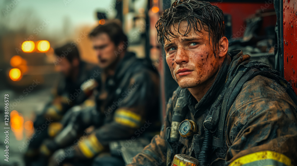 Fototapeta premium Heroic Firefighter Portrait Brave Fire Crew Rescue Emergency Scene