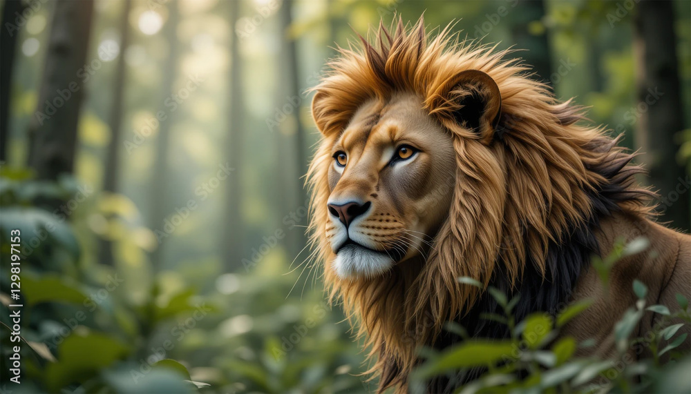 portrait of a lion, Lion with Majestic Mane in Forest Setting portrait of a lion, Lion with Majestic Mane in Forest Setting