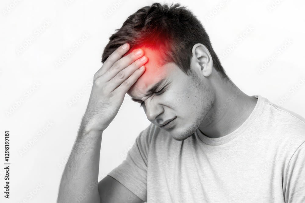 Fototapeta premium A Portrait of a Young Man Experiencing Headache, Struggling with Pain and Discomfort