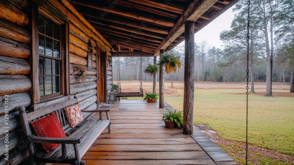 Fototapeta premium Rustic log cabin porch overlooking a field