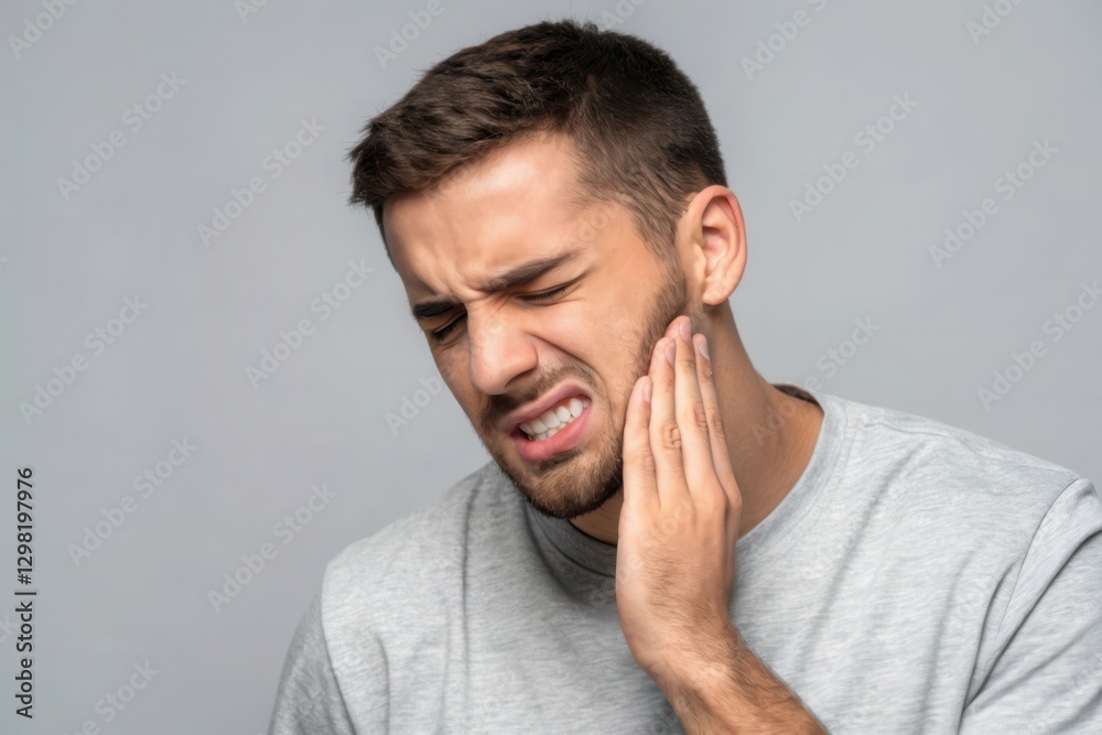 Young Man Experiencing Tooth Pain with Expression of Discomfort on Gray Background Young Man Experiencing Tooth Pain with Expression of Discomfort on Gray Background
