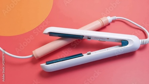 Portable Hair Straightener. Two hair straightens are connected to cord on pink surface