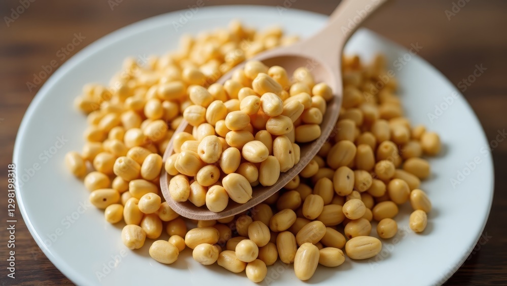 Prebiotic. Spoon is full of chickpeas on plate Prebiotic. Spoon is full of chickpeas on plate