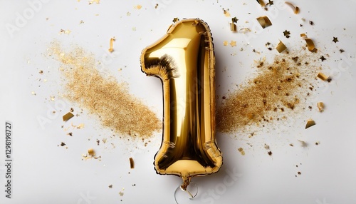 Gold balloon number 1 for first birthday or anniversary party. White background with confetti