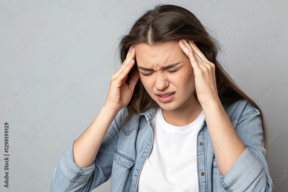 Young Woman with Headache Expressing Discomfort and Stress in a Neutral Background Setting Young Woman with Headache Expressing Discomfort and Stress in a Neutral Background Setting