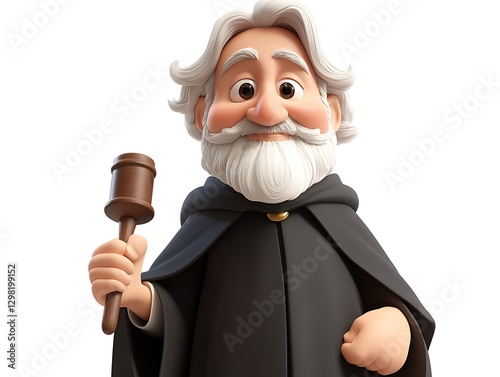 Playful wise old man with gavel in black cloak cartoon character