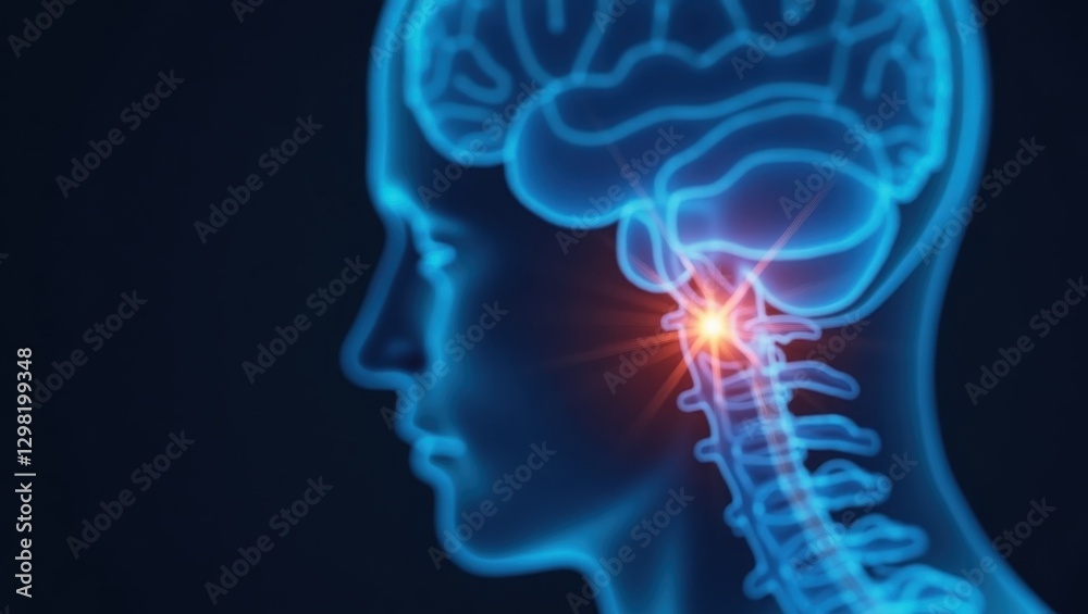 Vagus Nerve Stimulation. Head of person with highlighted brain and highlighted highlighted highlighted in brain Vagus Nerve Stimulation. Head of person with highlighted brain and highlighted highlighted highlighted in brain