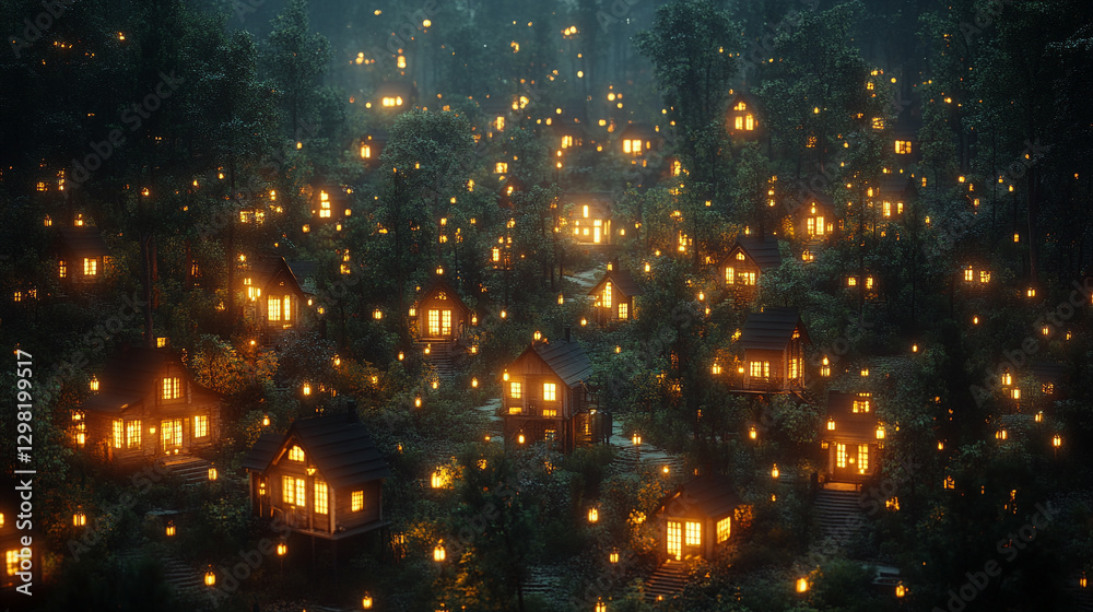 Naklejka premium Suburban houses at night illuminated by glowing data streams symbolize digital connectivity modern technology invisible networks and smart home integration in contemporary life.