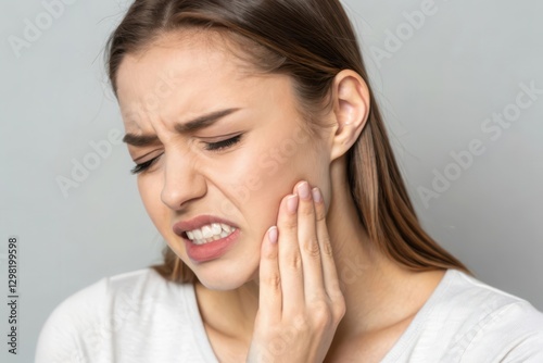 Woman Experiencing Dental Pain and Discomfort While Holding Her Jaw in Distressful Expression