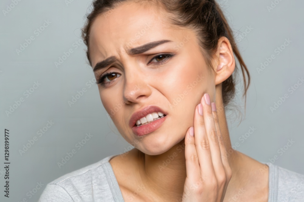 Emotionally Captivating Portrait of a Young Woman Gripping Her Jaw in Discomfort Emotionally Captivating Portrait of a Young Woman Gripping Her Jaw in Discomfort