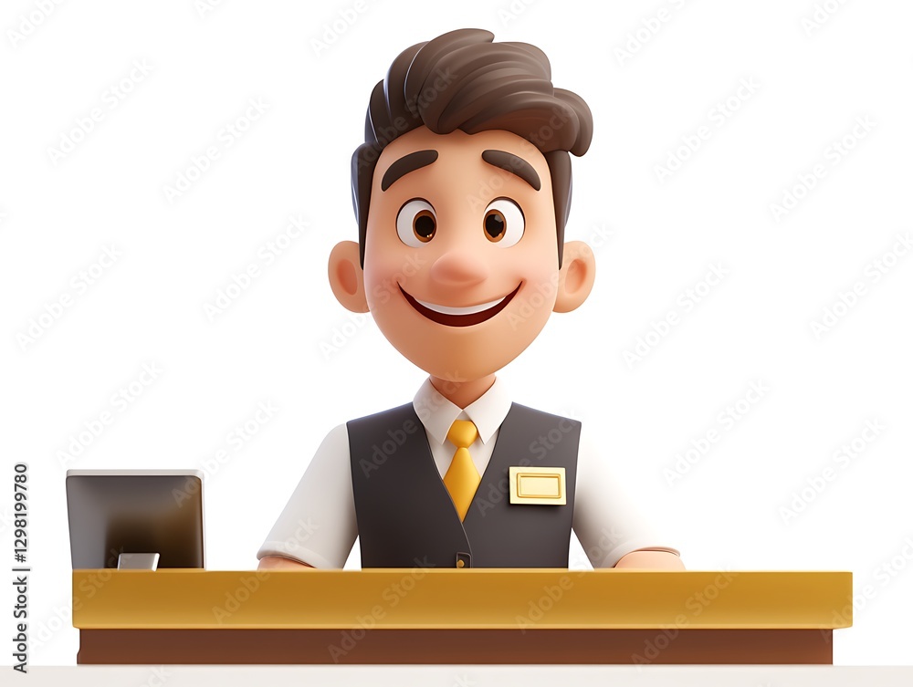Friendly receptionist welcoming guests at hotel front desk bright studio Friendly receptionist welcoming guests at hotel front desk bright studio