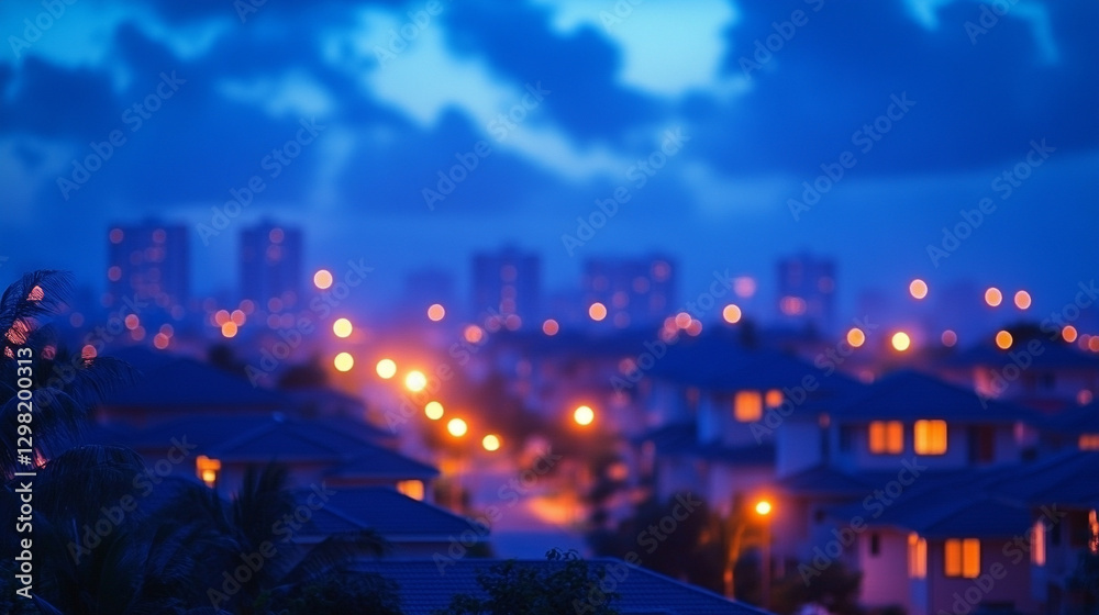 Fototapeta premium Suburban houses at night illuminated by glowing data streams symbolize digital connectivity modern technology invisible networks and smart home integration in contemporary life.