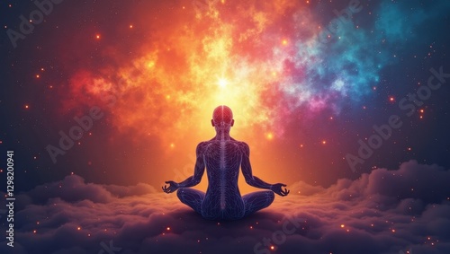 Somatic Therapy. Man is sitting in clouds with his eyes closed