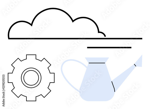 Cloud, gear, and watering can in simple lines symbolize progress, growth, and nurturing. Ideal for themes thumbs up innovation, sustainability, business, technology agriculture teamwork