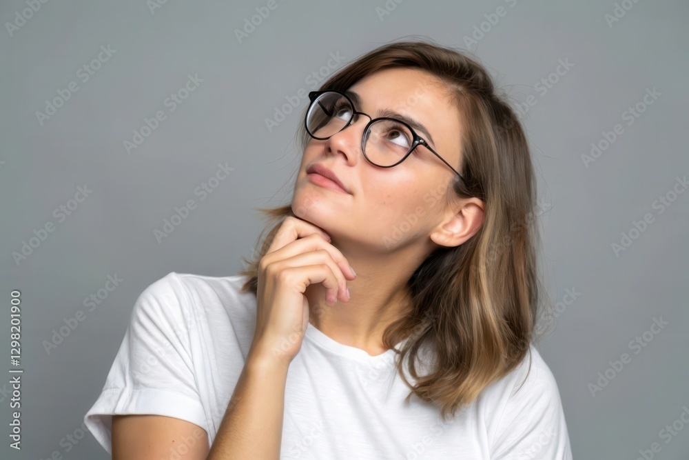 Thoughtful Young Woman with Glasses Pondering an Idea in a Studio Setting Thoughtful Young Woman with Glasses Pondering an Idea in a Studio Setting