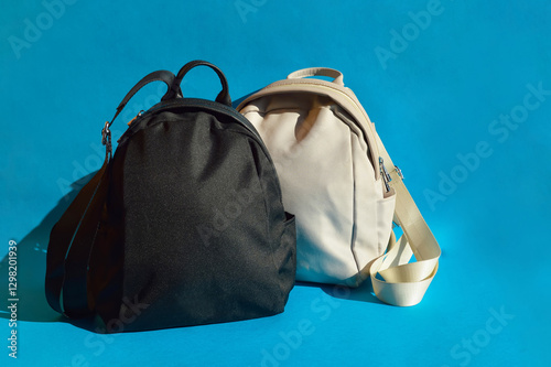 women's backpack for things, travel bag, zipper on suitcase. background for the design. the blue color.