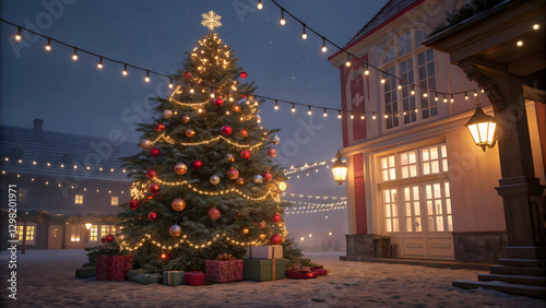 Enchanting winter festival charming town square holiday decorations festive atmosphere nighttime joyous celebration