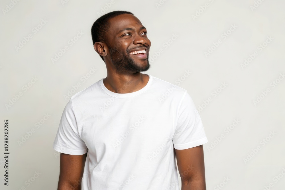 Joyful Young Man Smiling in a Plain White T-Shirt Against a Light Grey Background Joyful Young Man Smiling in a Plain White T-Shirt Against a Light Grey Background