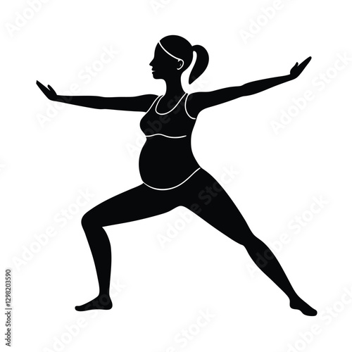 Focused pregnant woman performing prenatal yoga in warrior pose silhouette