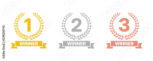 Laurel wreath of victory icon, set of gold, silver and bronze medals, laurel frame ranking decoration. Award signs with laurel wreath isolated on white background.