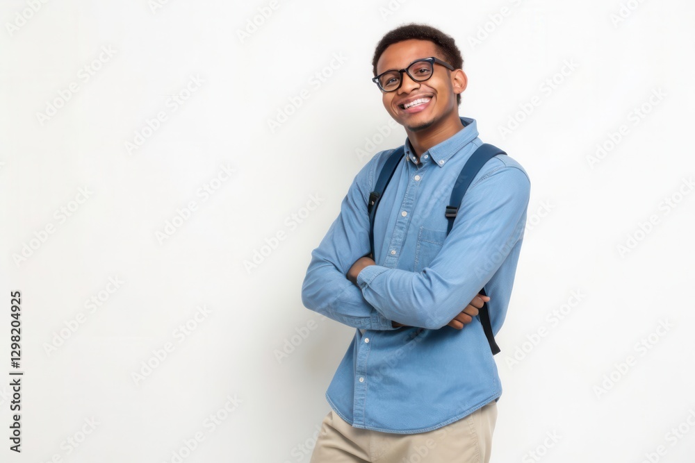 A Cheerful Young Man in a Blue Shirt with Backpack Smiling Against a Plain Background A Cheerful Young Man in a Blue Shirt with Backpack Smiling Against a Plain Background