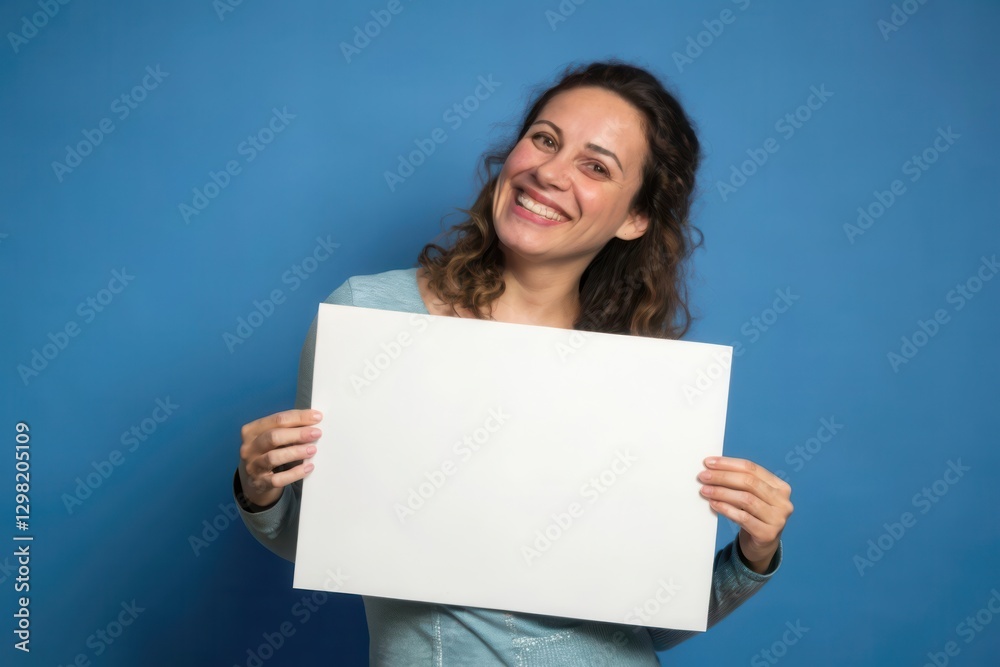 A Joyful Woman Holding a Blank Sign Against a Vibrant Blue Background in a Studio Setting A Joyful Woman Holding a Blank Sign Against a Vibrant Blue Background in a Studio Setting