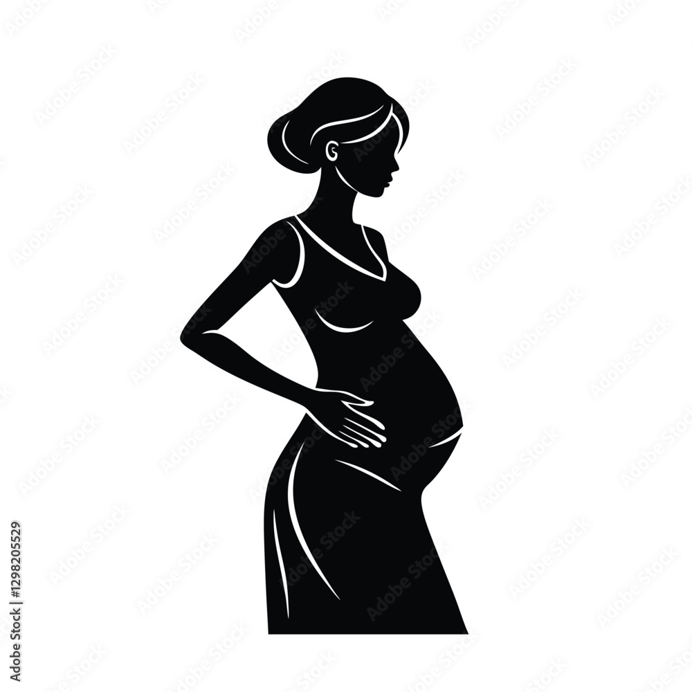 Casual pregnant woman in dress with hands gently on belly Casual pregnant woman in dress with hands gently on belly