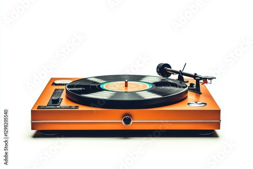 Vintage orange turntable with vinyl record playing in a retro setting during daytime