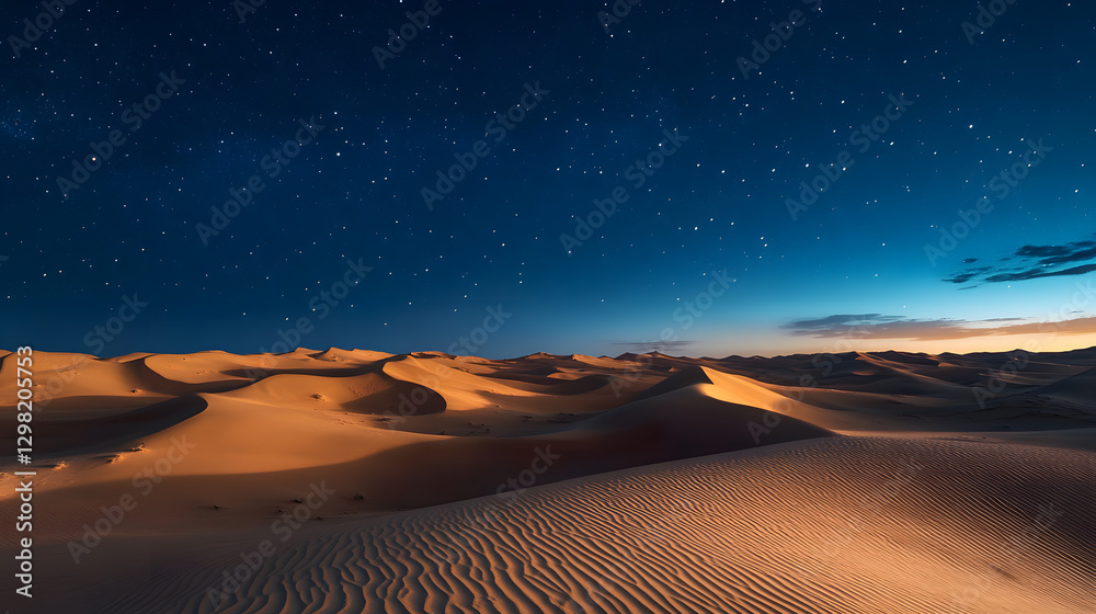 Naklejka premium peaceful desert landscape with rolling sand dunes under starry night sky, illuminated by soft moonlight, creating serene and tranquil atmosphere
