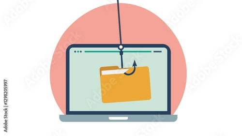 Online phishing and cybersecurity threats Concept. Flat design animation of laptop screen displays a folder icon, sensitive data. Above it, 