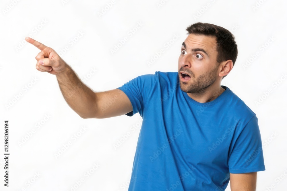 Surprised Man in Blue Shirt Pointing Excitedly at Something Out of Frame Surprised Man in Blue Shirt Pointing Excitedly at Something Out of Frame