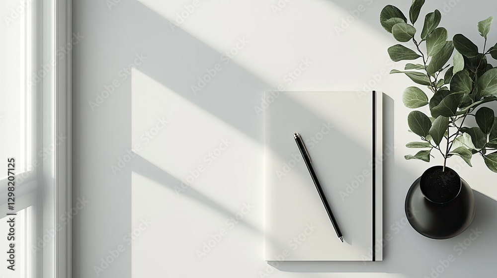 Obraz premium Minimalist Workspace, Sunlight, Notebook, Plant