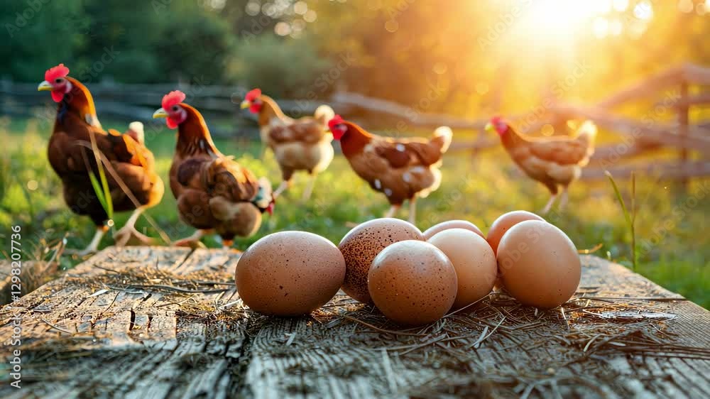 chicken eggs on a wooden table in the background farm and chickens