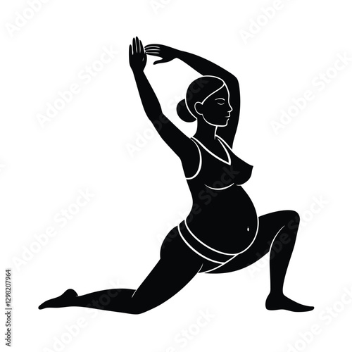 Graceful Pregnant Woman Silhouette Stretching Gently on White Background