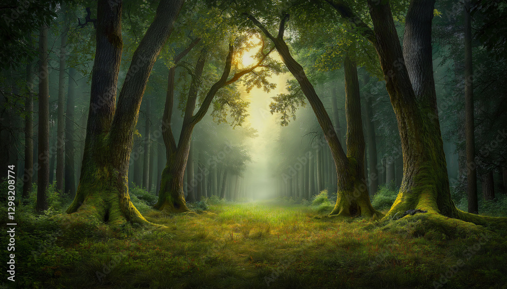 Enchanted Forest Path: A serene woodland path winds invitingly into a mystical forest, bathed in ethereal sunlight filtering through the lush canopy, evoking a sense of wonder and tranquility.