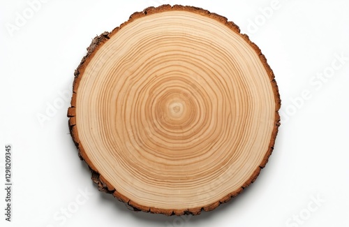 Top view of cut wood slice with tree rings on white background. Circular wooden piece shows annual ring pattern. Brown timber abstract texture, nature material close-up. Represents aging process,