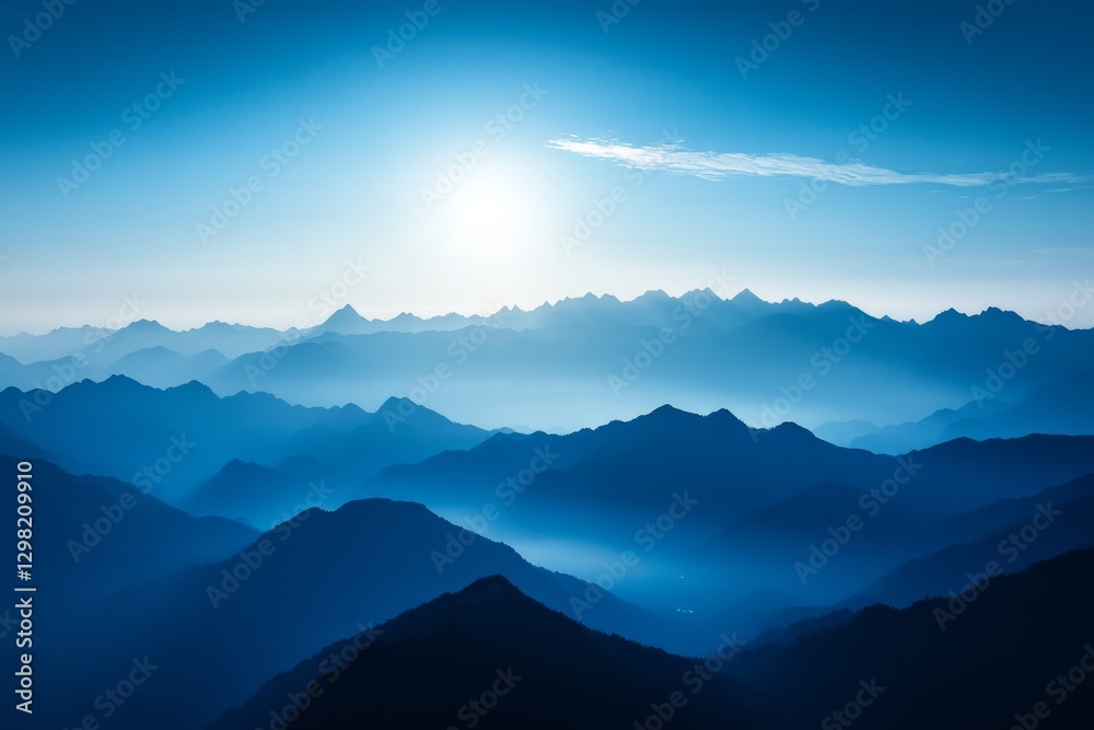 Obraz premium Beautiful blue sky with clouds and moon over the mountains at sunrise or sunset.