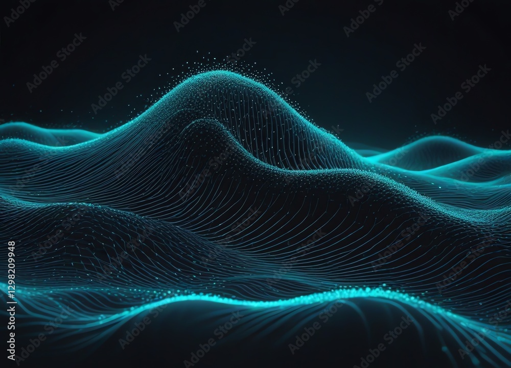 A digital landscape of glowing turquoise particles forming a wave-like structure A digital landscape of glowing turquoise particles forming a wave-like structure