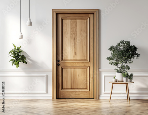 Stylish wooden door in a bright minimalist interior with natural light, potted plants, and modern decor, symbolizing home design, architecture, and contemporary living
