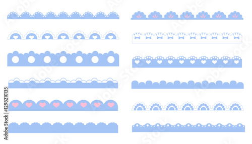 Scalloped border simple divider with cute heart and dots ornament edge cutout decoration isolated on white background. 