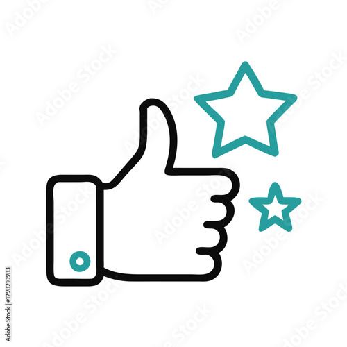 Thumbsup Stars. Simple line drawing of thumbs-up with teal star accents. Clean design expressing high rating and excellence. Concept: Quality Rating, Service Reviews, Product Feedback