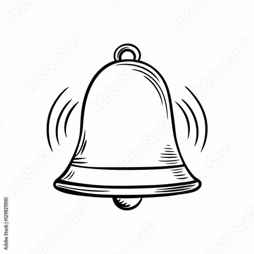 Vintage bell rings with dynamic sound waves. Classic black and white sketch captures movement and energy. Traditional illustration style for notification concept. Alert, reminder, announcement concept