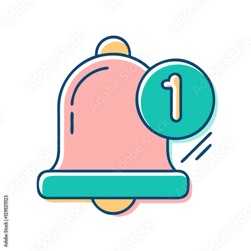 Pink and teal notification bell shows one unread message. Friendly cartoon style creates approachable interface element. Modern design for alert concept. Social media, messaging, app interface concept